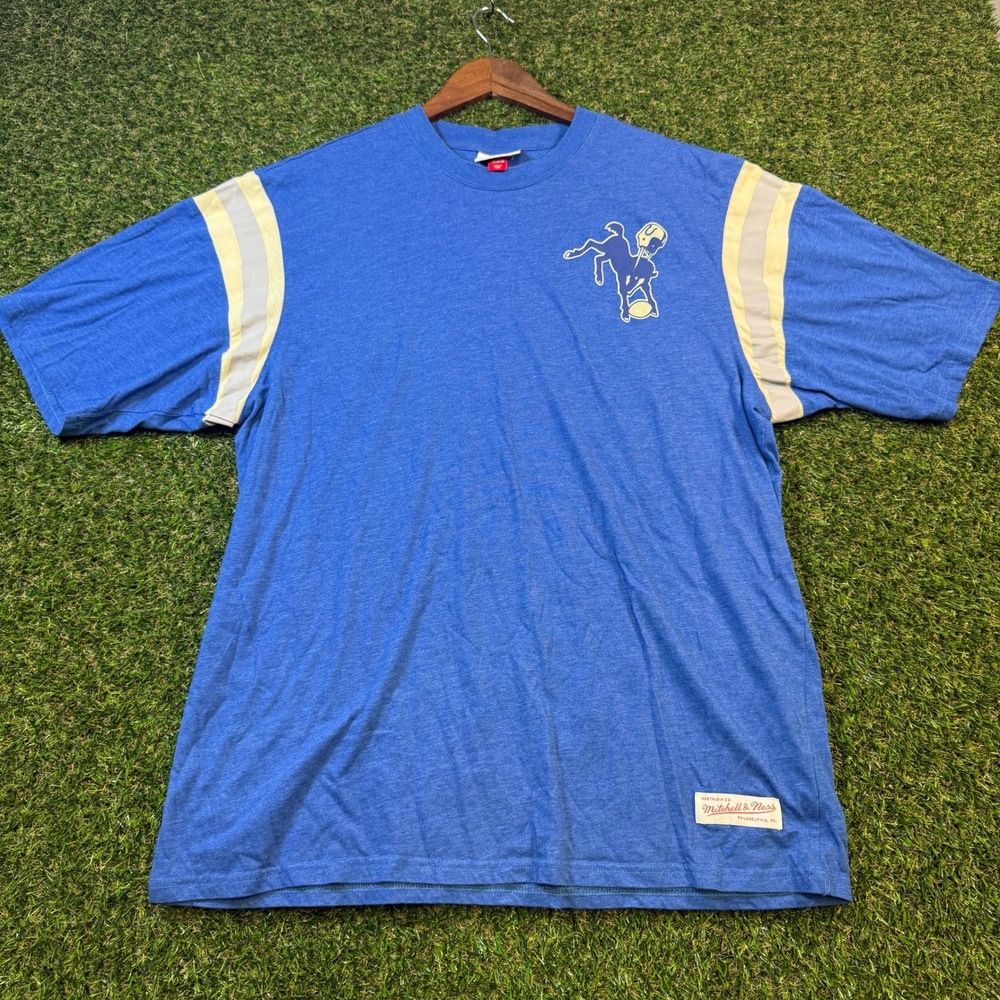 Mitchell & Ness Mens Blue Heathered Athletic Stripe T-Shirt 2XL Bucking Horse